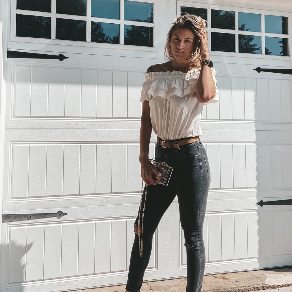Express Ruffle Off The Shoulder Thong Bodysuit